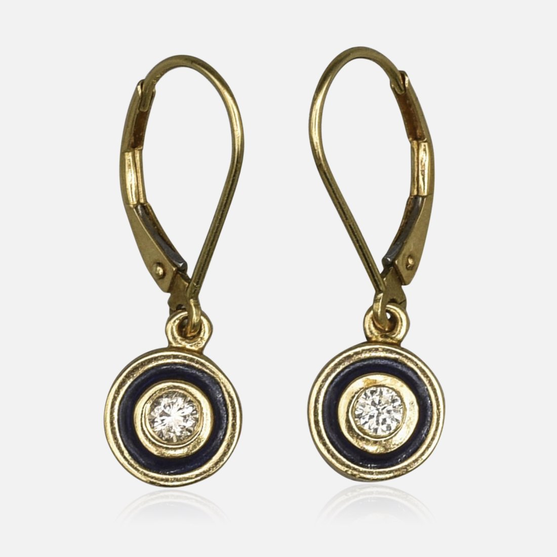 Fine Signed 14K Yellow Gold Black Enamel and Diamond Dangle Earrings (1 of 6)