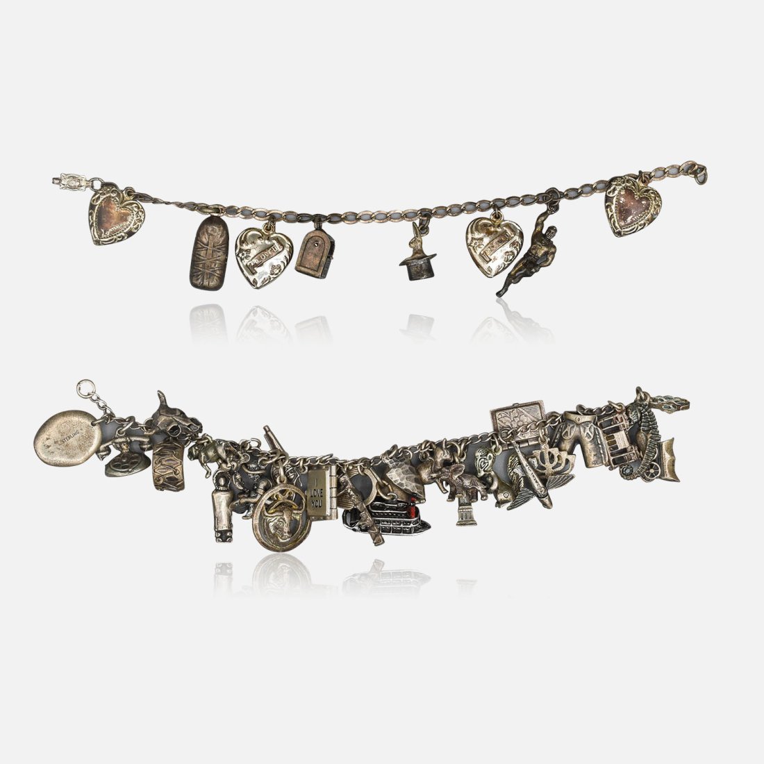 Vintage Loaded Sterling Silver Charm Bracelet PAIR w/Puffy Hearts-Mechanical-Western 35 Charms (1 of 7)