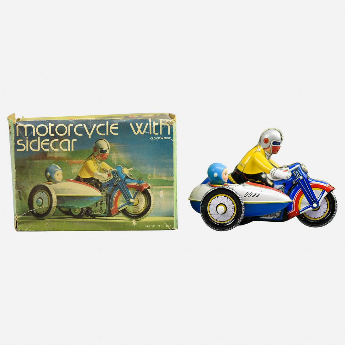 Vintage Motorcycle with Sidecar Wind Up Tin Toy by Clockwork MS 709 w/Original Box (1 of 6)