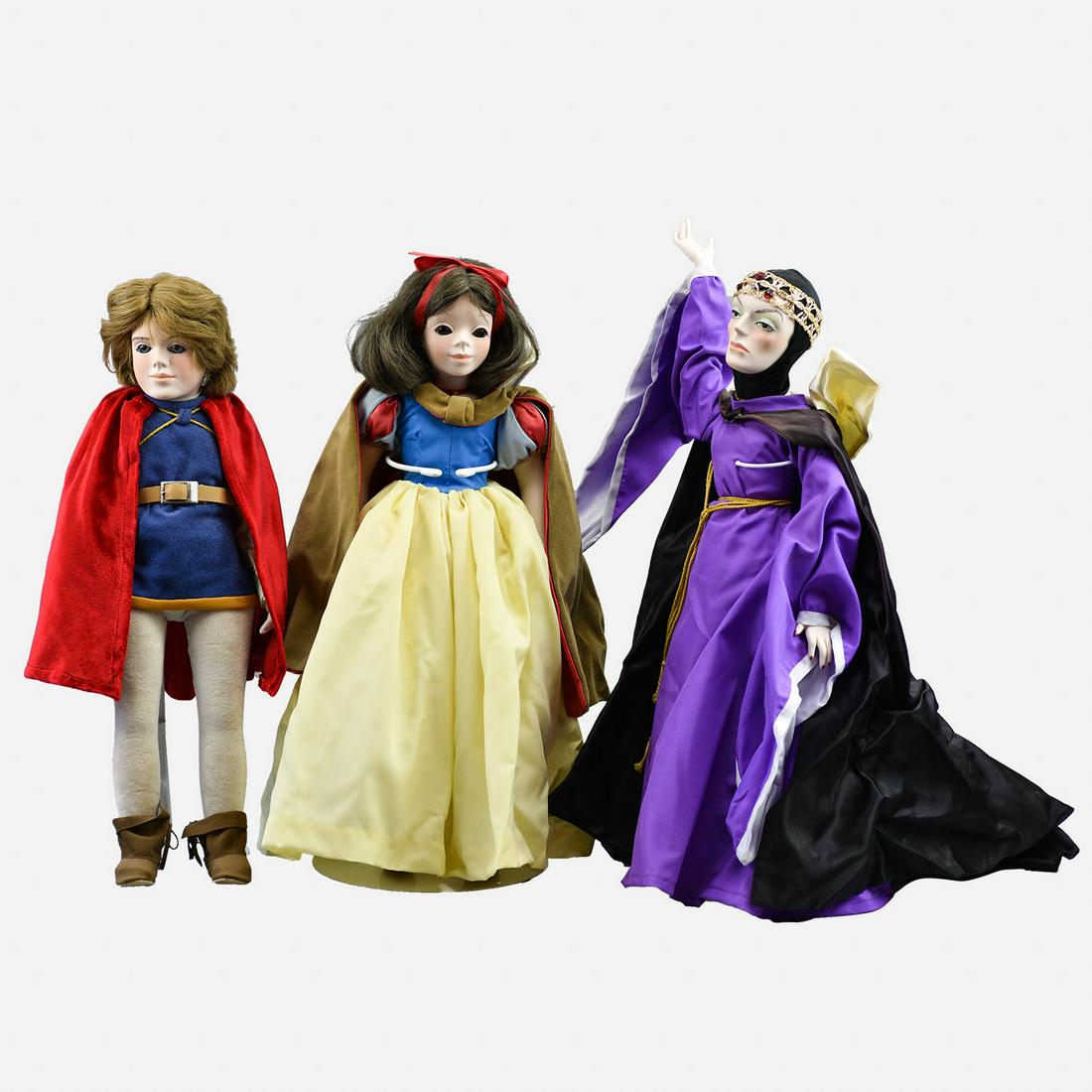 1980s Disney Snow White, Prince, Evil Queen 20" Porcelain Doll Lot -Dolls By Jerri: Boxes are in fair shape, dolls are in good shape.