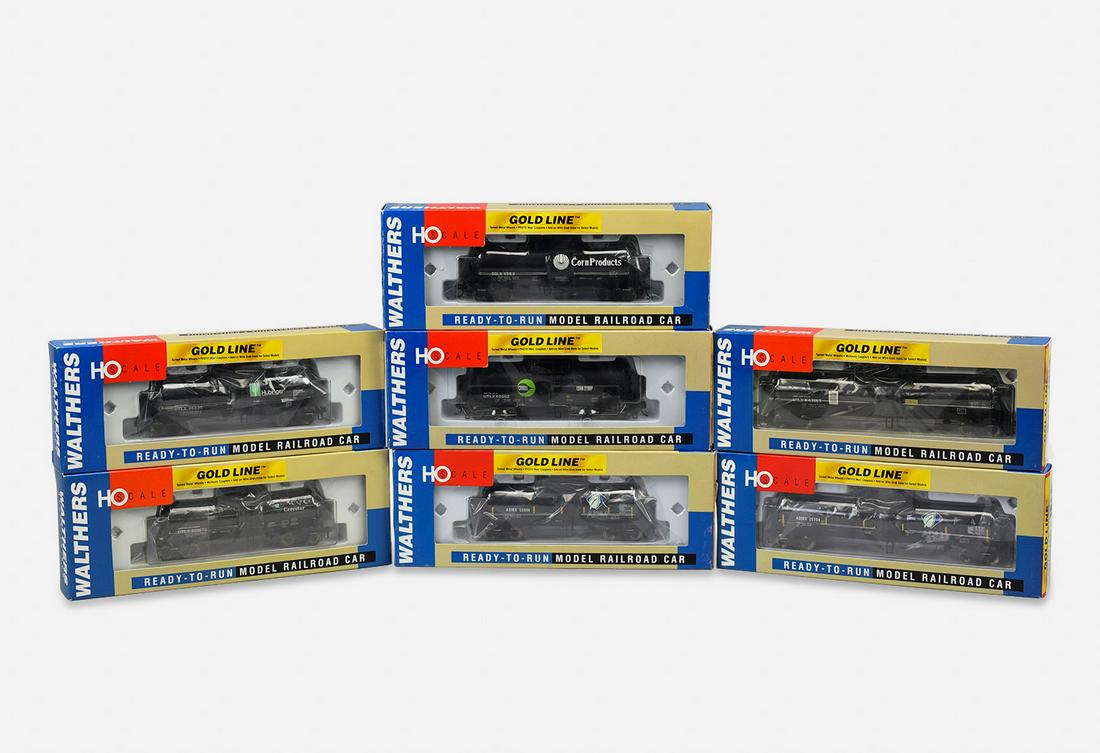 Seven Walthers Gold Line Gallon Tank HO Model Trains: Walthers Gold Line models FF Tank Car #932-7232, 16K FF Tank Car #932-7218, UTLX 23M Gallon Tank #932-7278, 23K Gallon Tank Car ADM #932-7279, 16K Tank Car - Hubinger #932-7222, UTLX16M Gallon Tank Ce