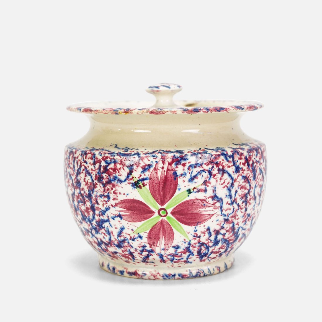 Antique 19thC Creamware Painted Pottery Spongeware Sugar Bowl w/Lid (1 of 12)