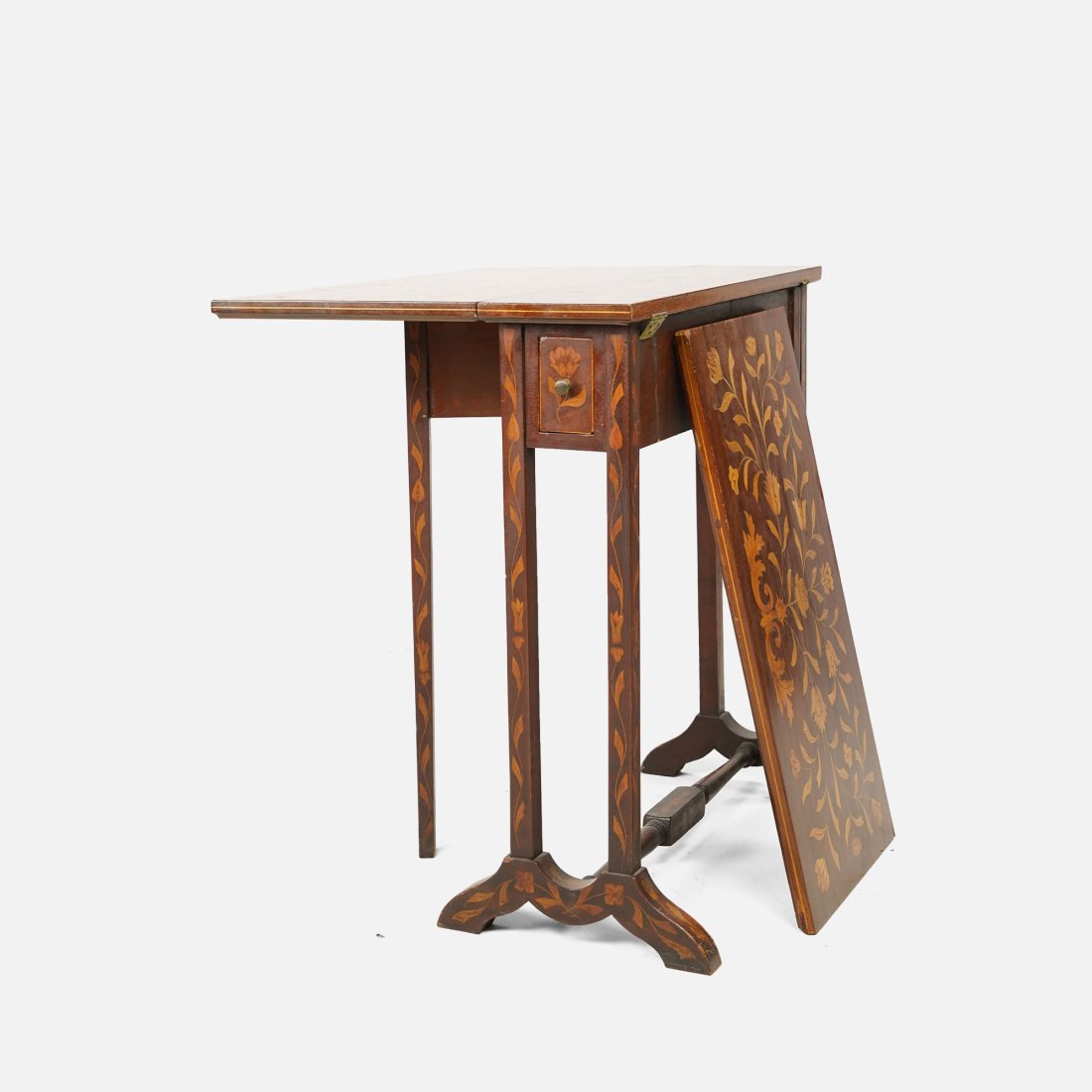 Antique 19thC Inlaid Floral Marquetry Drop-Leaf Side Table w/Drawer (1 of 18)