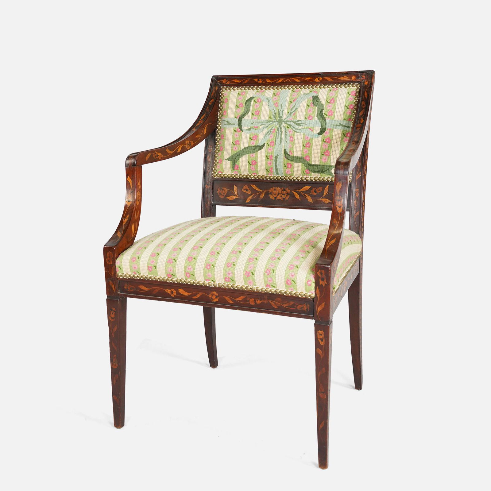 Antique Inlaid Floral Marquetry Upholstered Armchair (1 of 15)