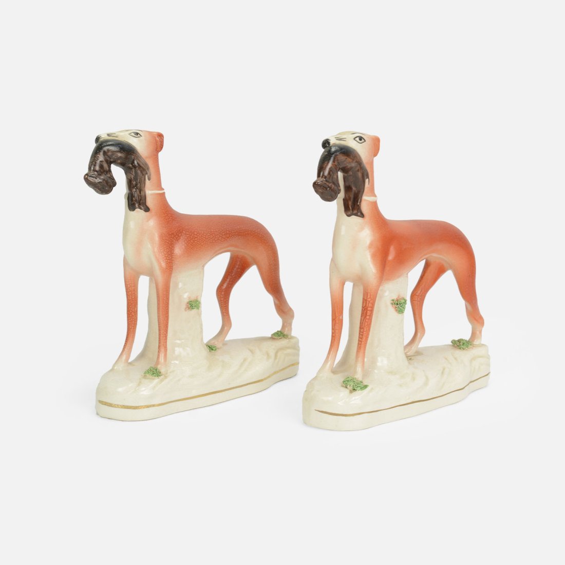 Two Antique English Painted Staffordshire Hunting Dog w/Game Figurines (1 of 9)