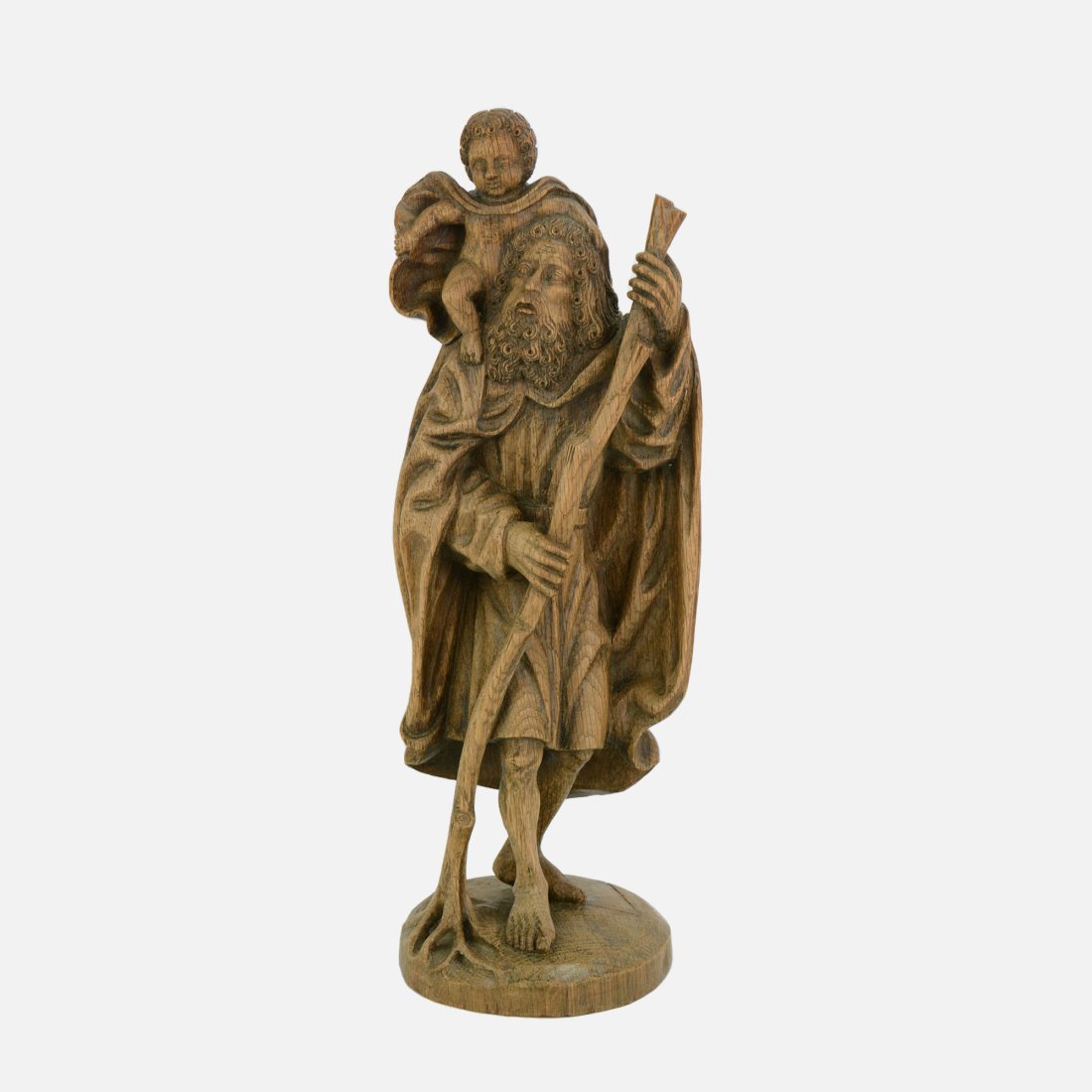 Vintage Tall Well Carved Hardwood Statue of Saint Christopher and Infant Jesus: Ca. late 19th to first quarter 20thC. European. Has a repair on the base as shown in pictures. Signed on the back.