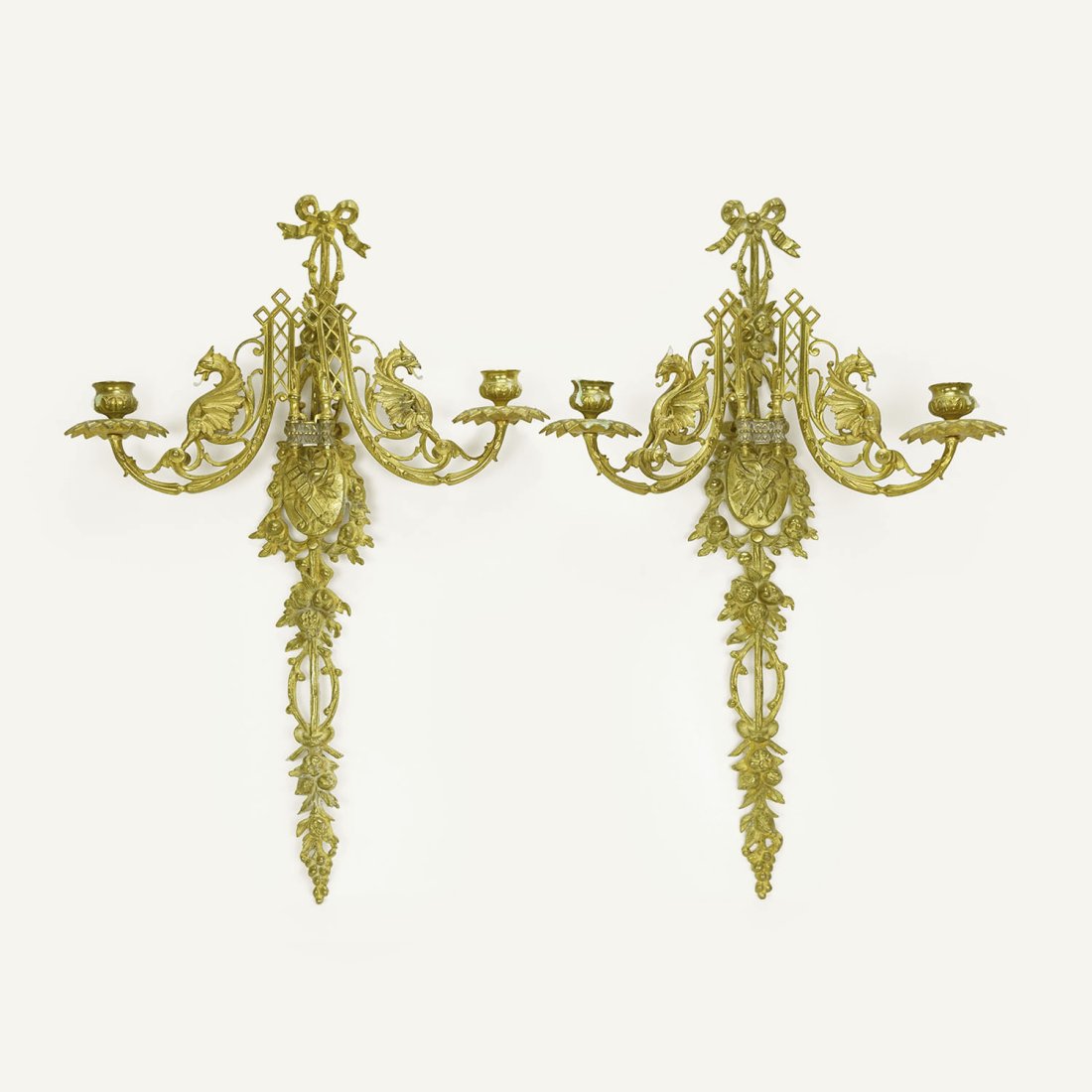 Pair Fantastic Antique Cast Brass French Baroque Wall Candle Dragon Sconces (1 of 10)