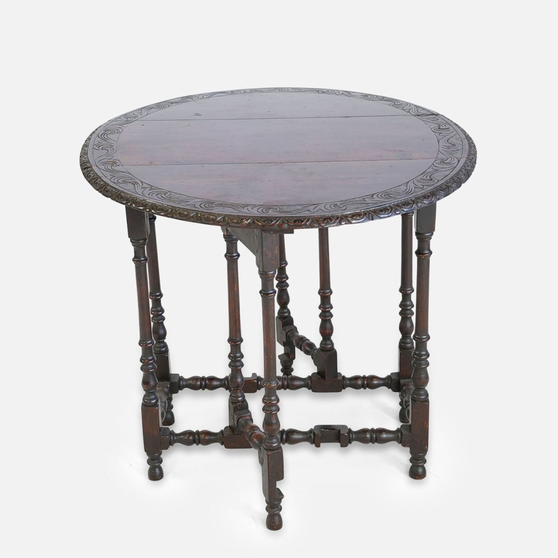 Antique 19thC English Carved Oak Gate Leg Drop-Leaf Round Table (1 of 13)