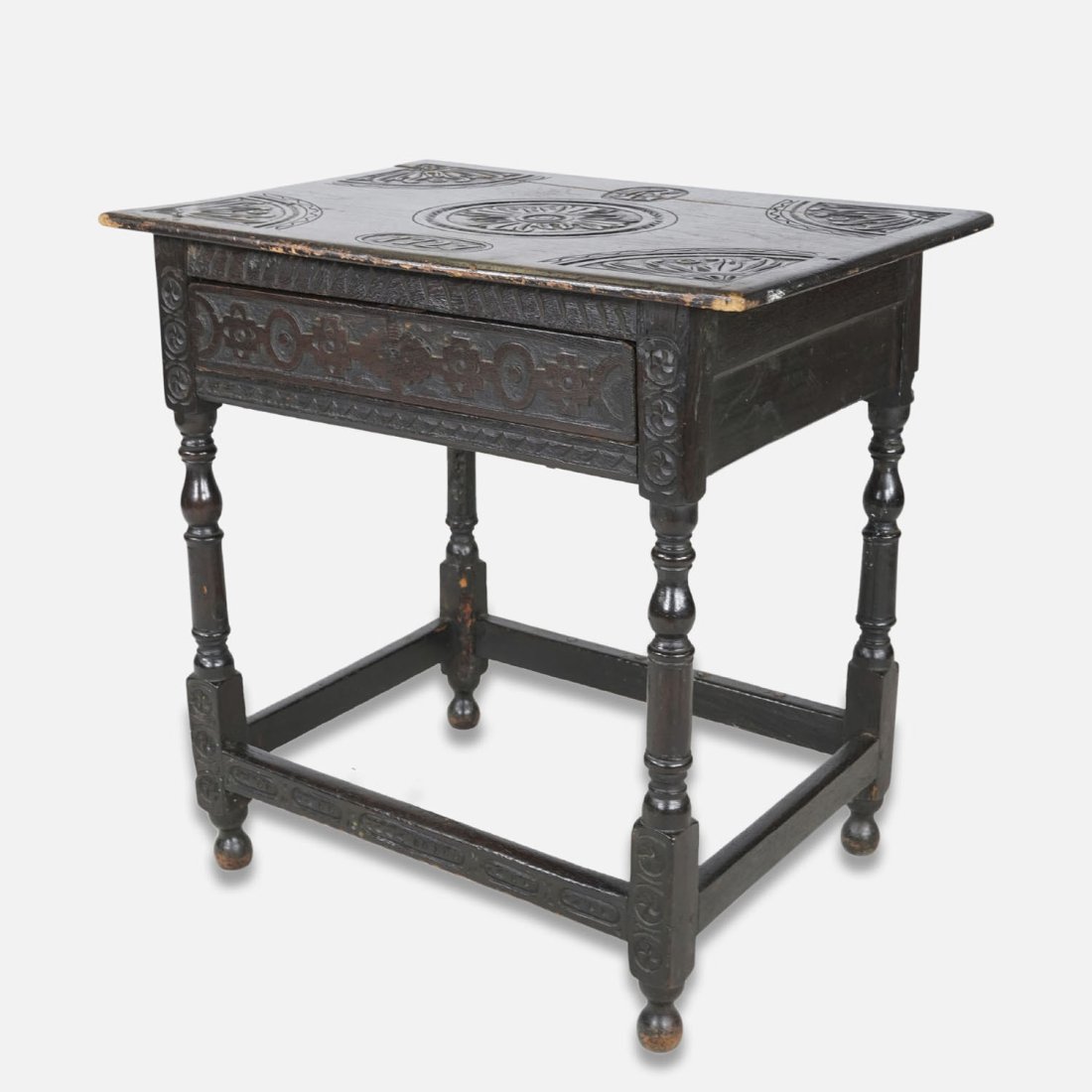 Antique 18thC English Dark Oak One-Drawer Carved Tavern Table (1 of 19)