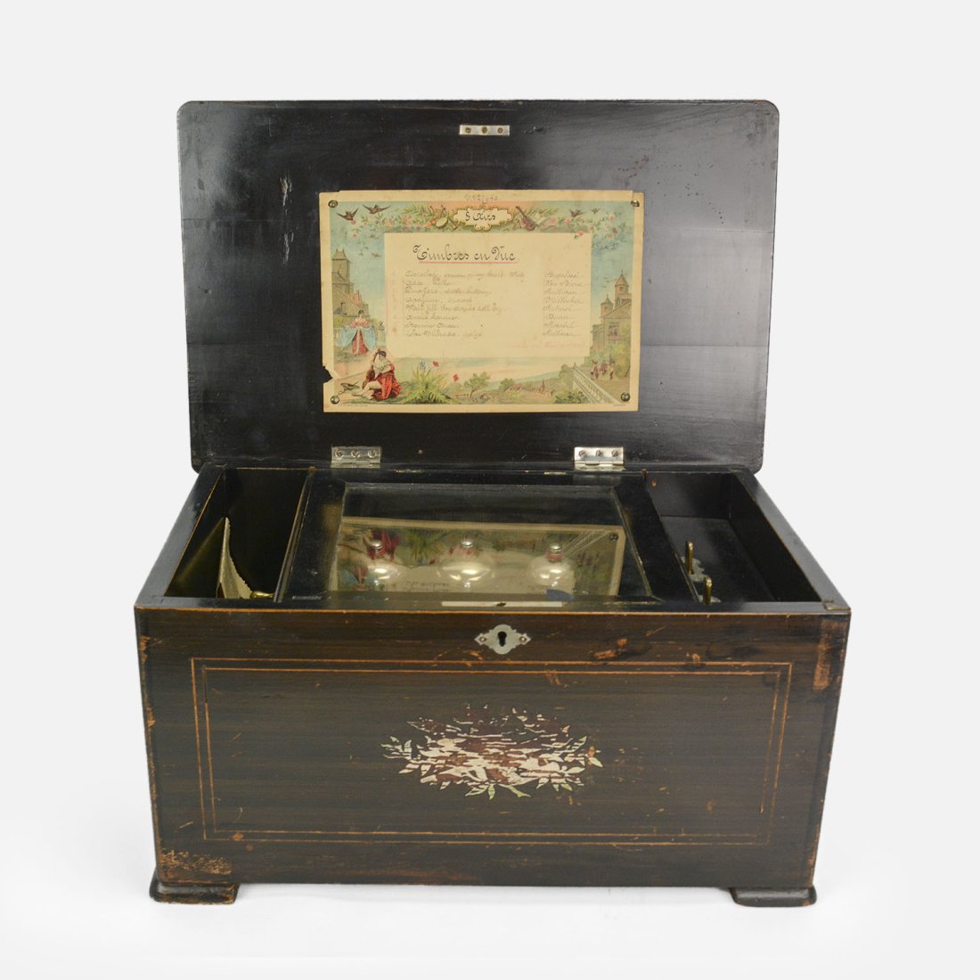 Antique Victorian Eight Airs Three Visible Bells Music Box Swiss Movement: Ca. last half 19thC. Complete with all teeth and gears. Sounds very clear and loud. Presently in working condition, however, not guaranteed to remain working until after cleaned and oiled properly. Su