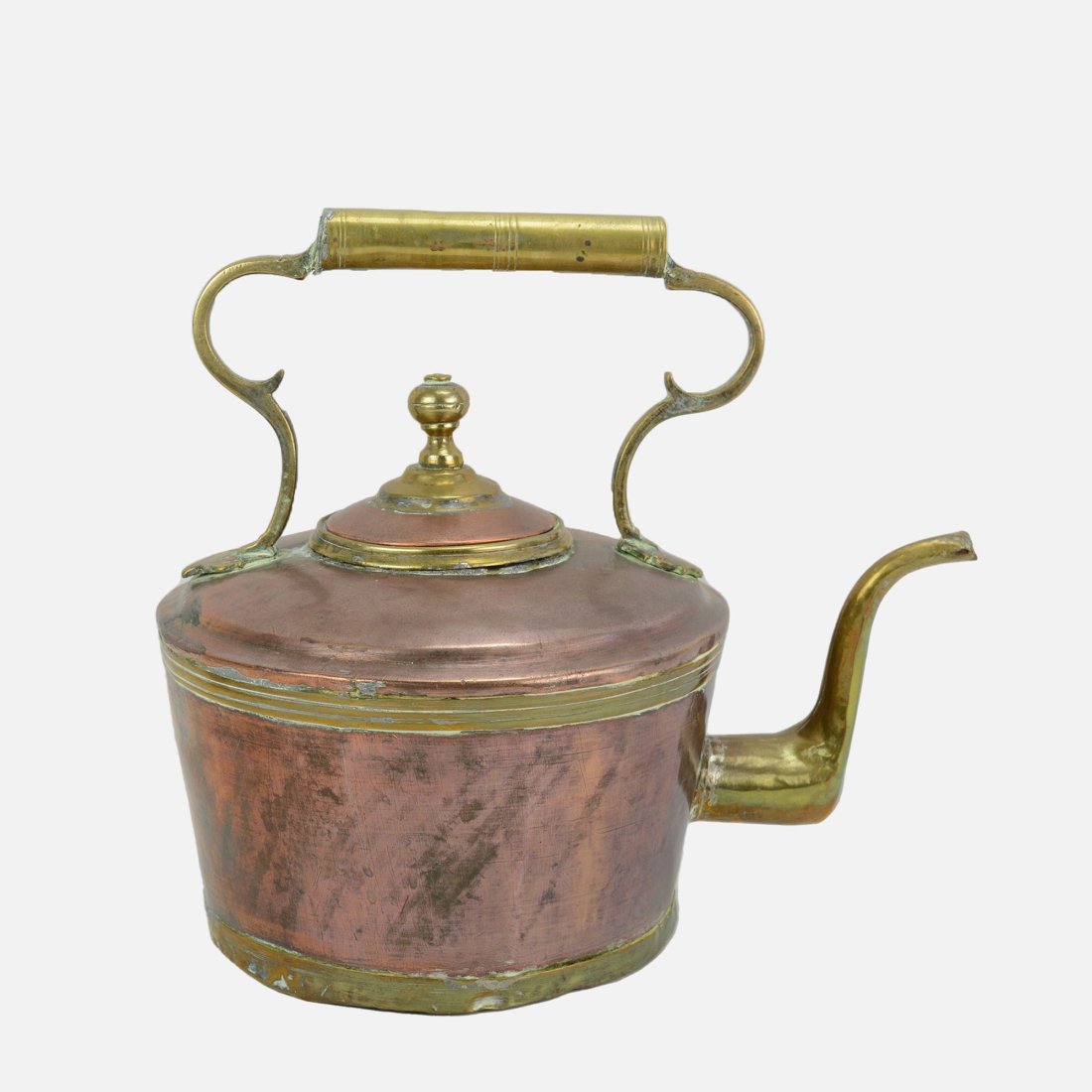 Antique 18th-19thC English Copper and Brass Flat Bottom Kettle Teapot w/Lid (1 of 14)