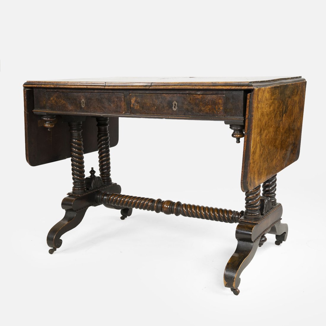 Antique 19th English Regency Walnut Burlwood Drop Leaf Two-Drawer Sofa Table (1 of 17)