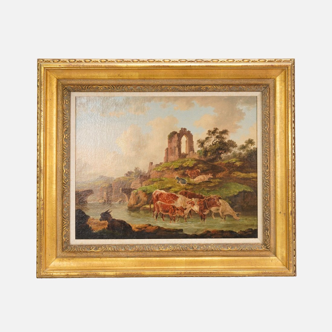 Antique 19thC English Oil Painting on Canvas Cows in a Stream near Castle Ruins (1 of 8)