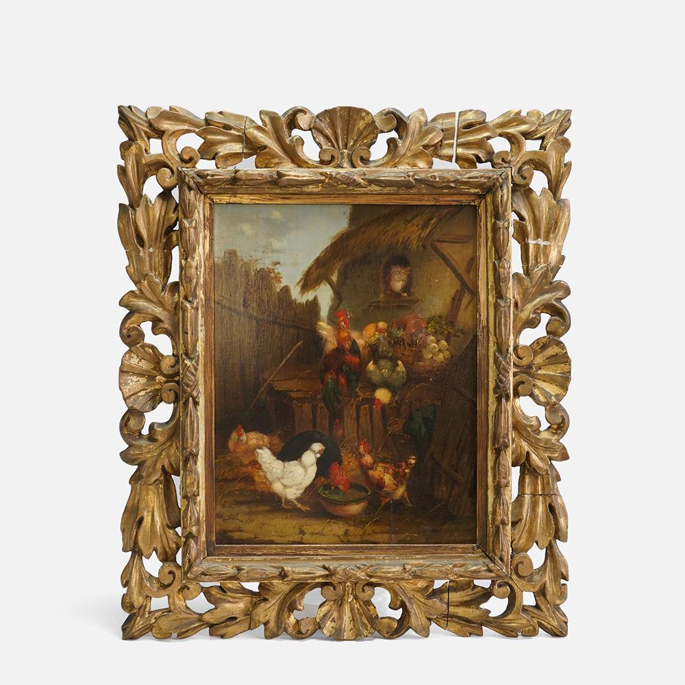 19th Century French Antique Painting of Poultry in Farmyard by Claude Guilleminet: Signed lower right as shown: "Guilleminot". Painting in very good condition with no loss, painted on wood board. the carved giltwood frame has some glue repairs, and surface gold rubs and loss, commen