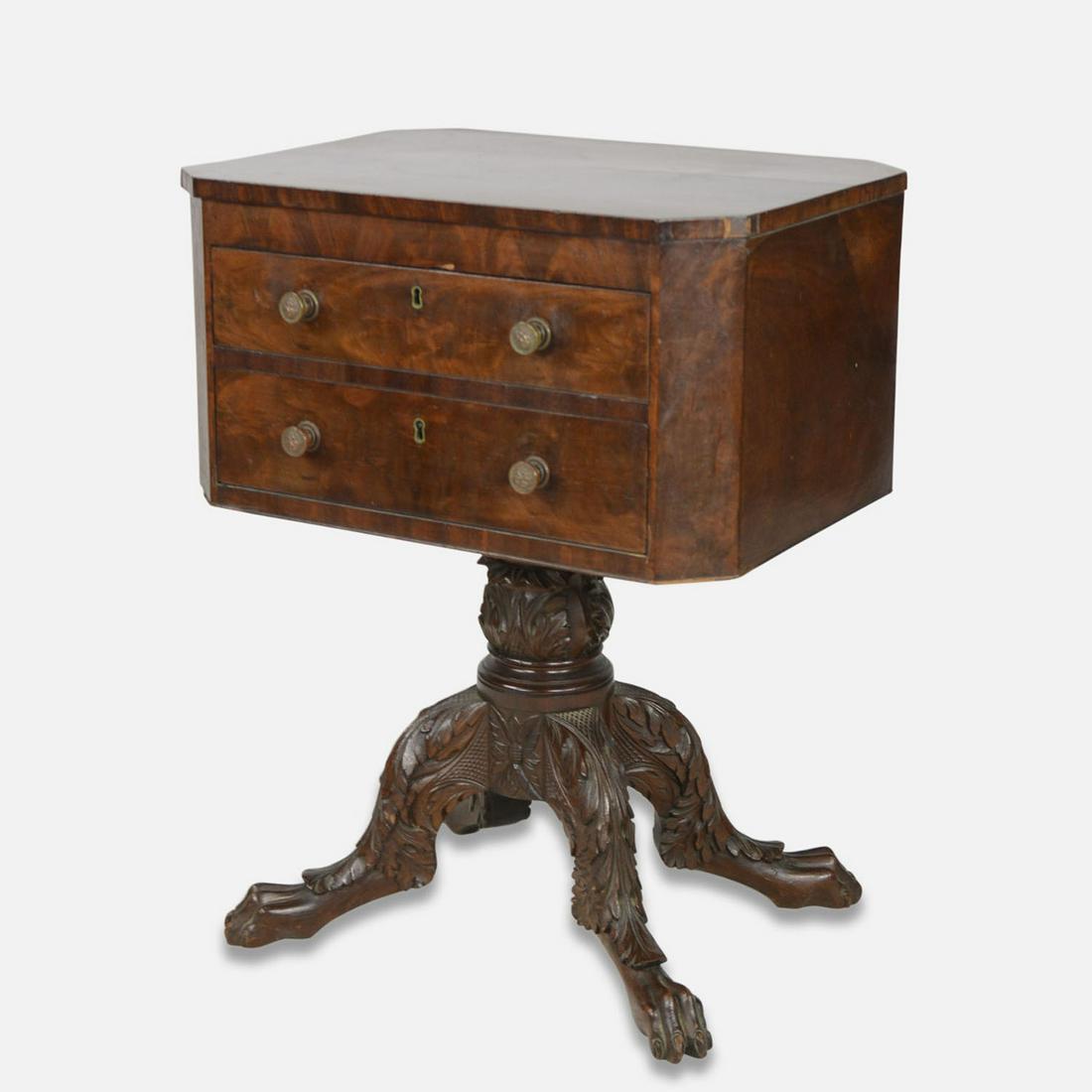 Antique 19thC Mahogany Two-Drawer Sewing Stand Table Paw Foot Legs (1 of 14)