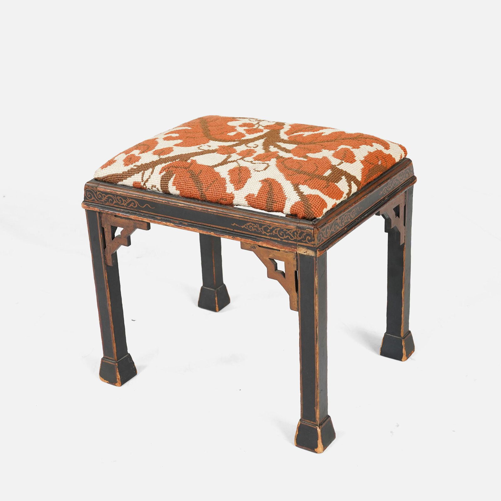 Vintage Wood and Leaf Needlepoint Upholstered Small Stool (1 of 10)