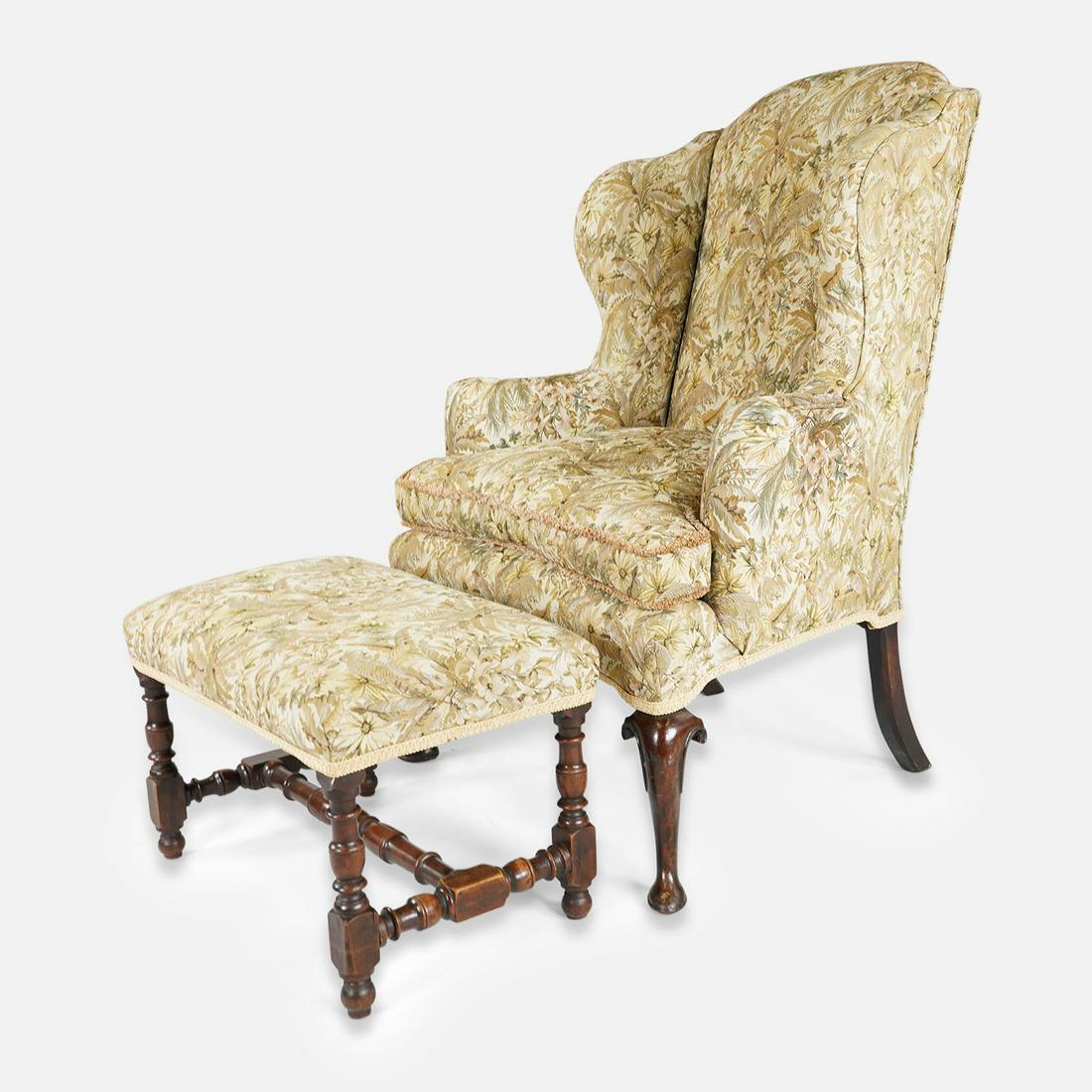Antique 19thC Upholstered Wing Back Armchair with Wide Foot Stool Bench (1 of 19)