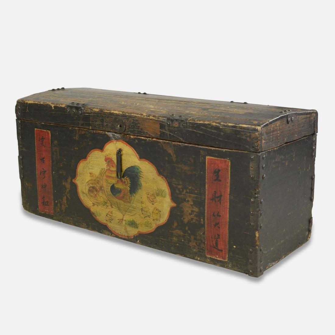 Antique Chinese Painted Rooster Wood Dome-Top Clothes Storage Trunk (1 of 13)