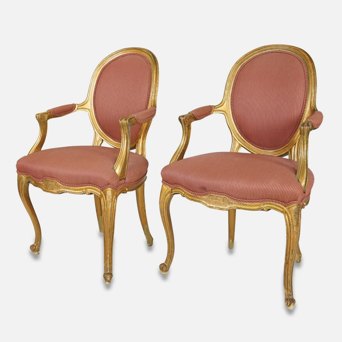 Pair Upholstered French Fauteuil Armchairs Gilt Gold on Wood (1 of 16)