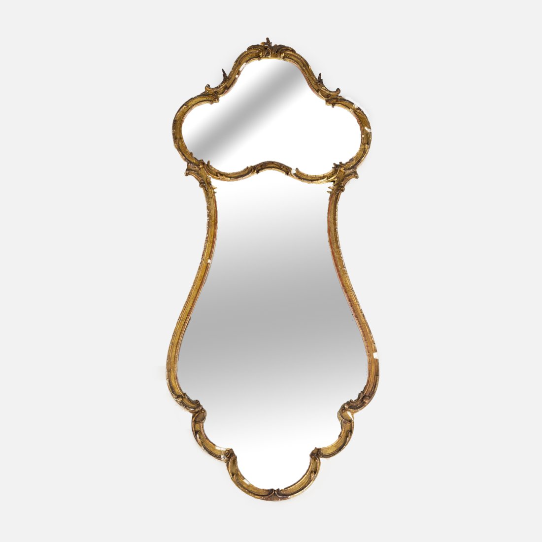 Antique 19th/Early 20thC Gilt Wood and Gesso Wall Mirror: Late quarter 19th to first half 20thC. American. Fair condition. High number of cracks and scratches throughout the entire frame and the frame is very susceptible to more damage if not handled with ab