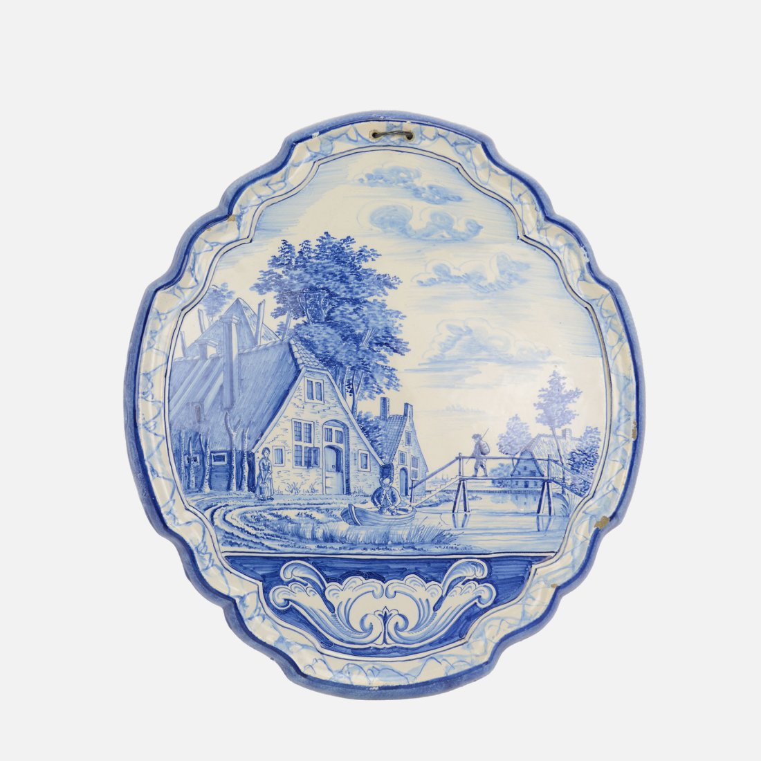 Dutch Delft Blue & White Wall Plaque of Town and Stream Landscape (1 of 8)