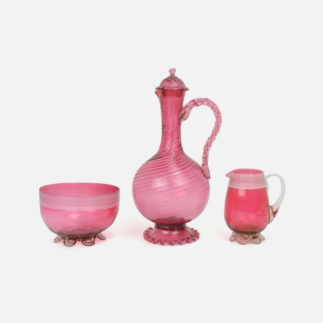 Antique Victorian Cranberry Swirl Art Glass Pitcher w/Stopper, Threaded Creamer Sugar (1 of 16)