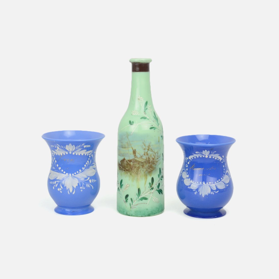 Antique Victorian Green and Lavender Painted Enamel Bristol Art Glass Mug Bottle Lot: Ca. last half 19thC. Light wear to glass with no major or noticeable chips. Wear to the paint and enamel as shown: See pictures-no cracks, all from one collector's estate, including more antique bottl