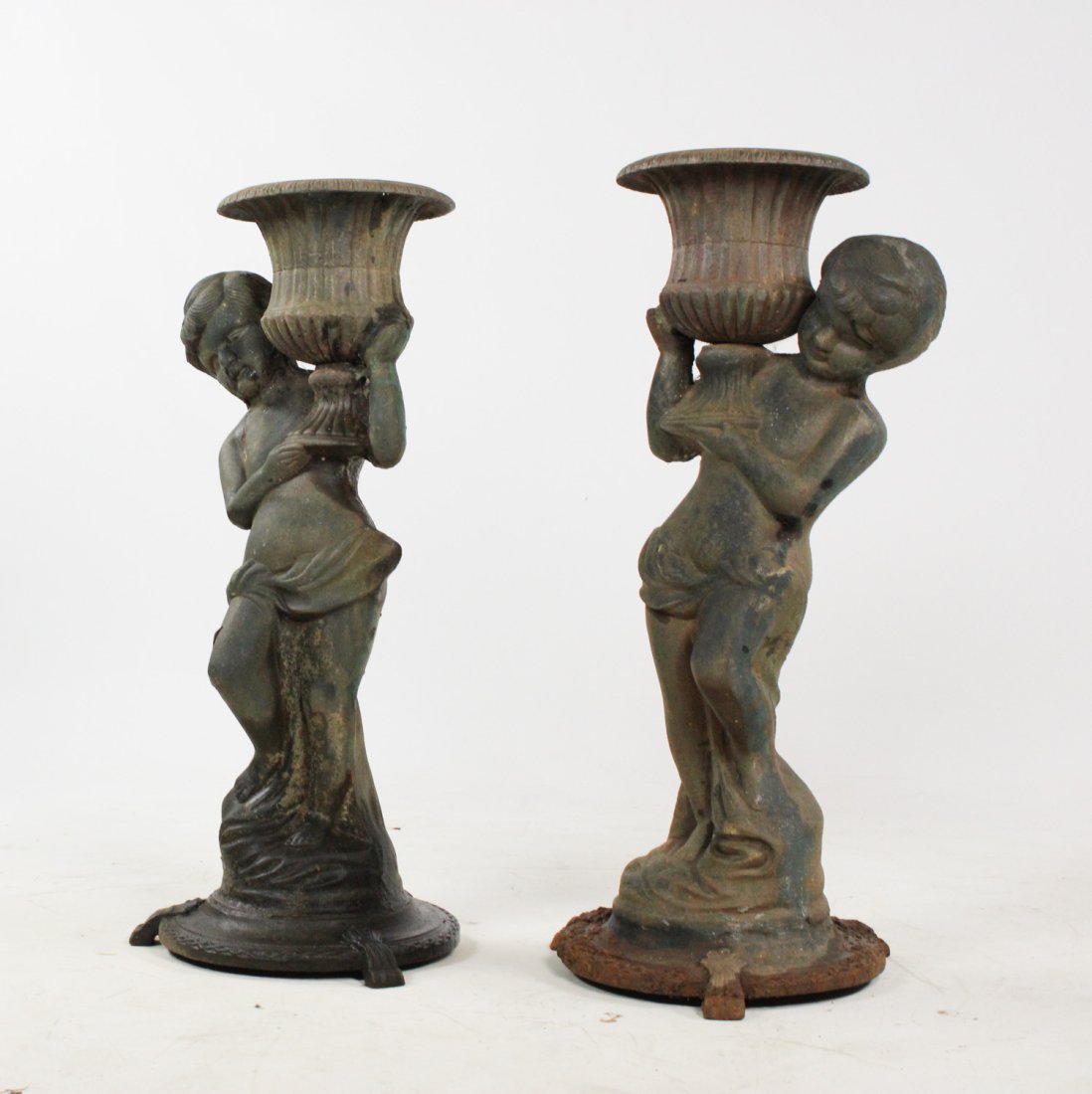 Tall Cast Iron Figural Garden Planters Mirrored Pair Putti Holding Urns (1 of 17)