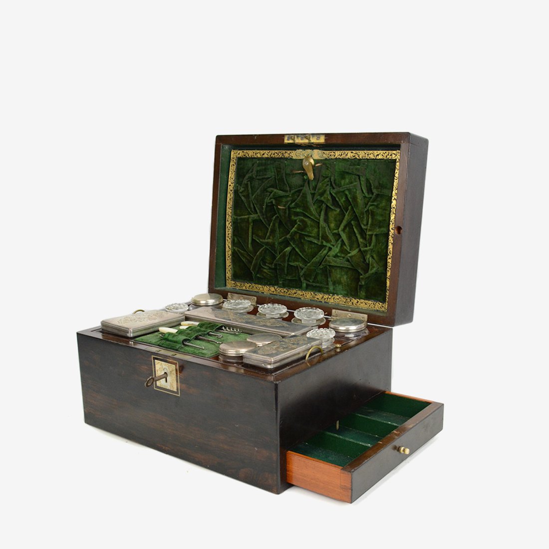 Antique Victorian Ladies Coromandel Travelling Dressing Case w/ Silver Plate Jars and More (1 of 17)