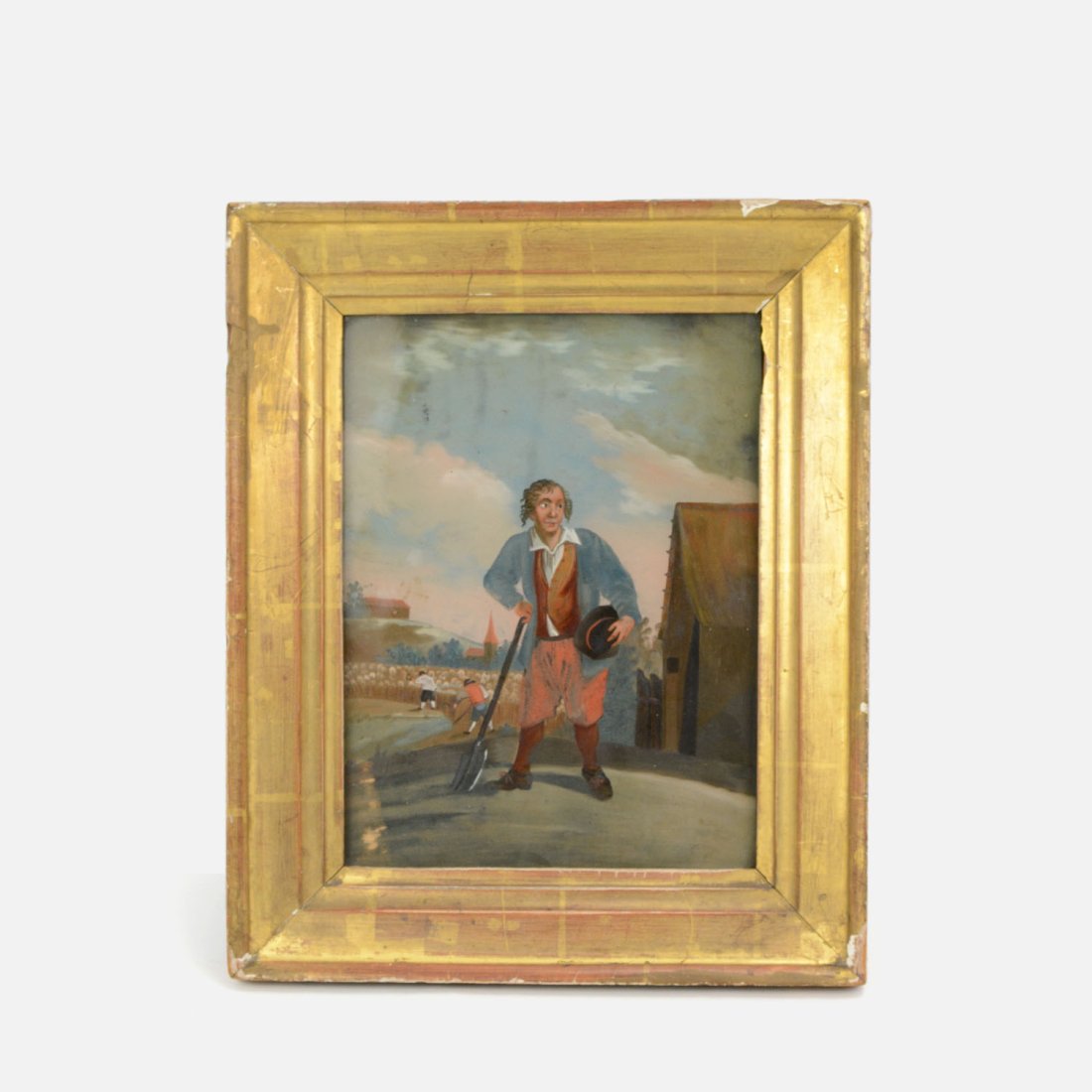 Antique 19thC European Folk Art Watercolor Painting Farmer w/Shovel (1 of 6)