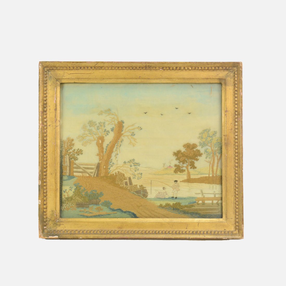 Antique 19thC Silk Needlepoint Dutch Fishing Landscape Framed Picture (1 of 7)