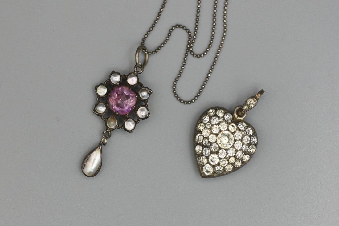 Antique Georgian Flower Brooch Colored Foil Paste + Heart Pendant (1 of 10)