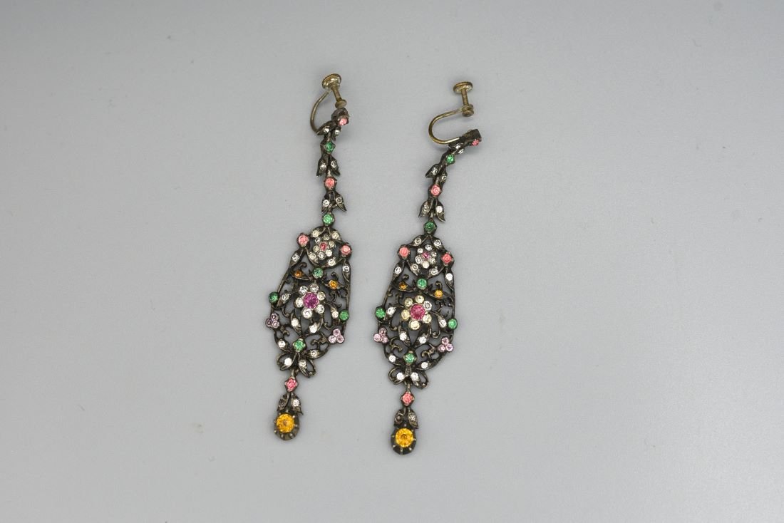 Large Late Georgian Colored and Clear Paste Dangle Clip Earrings Conversion (1 of 9)