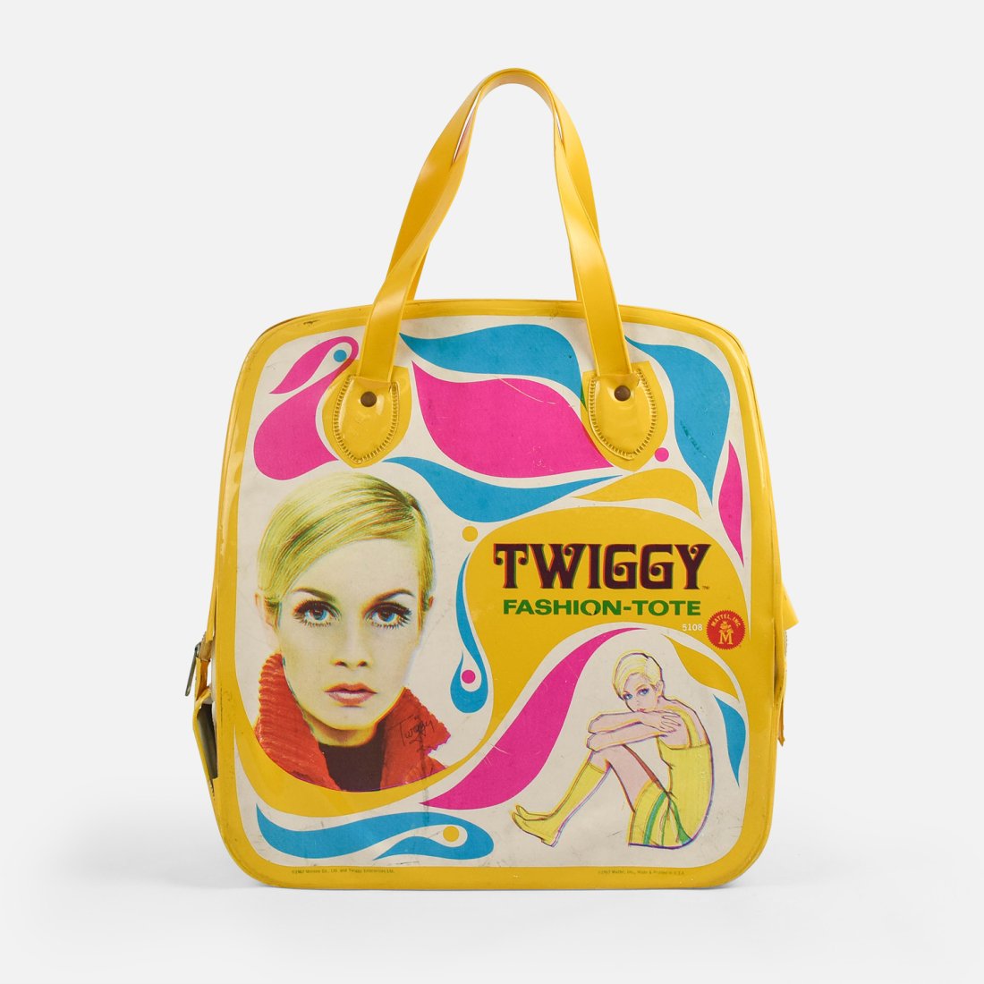 TWIGGY MATTEL 1976 Fashion Tote MCM MOD: Made for Mattel toy company. Yellow vinyl Mod 1960's Fashion Tote. Made and printed in the USA. Dame Lesley Lawson DBE (nÃ©e Hornby; born 19 September 1949) is an English model, actress, and singer,