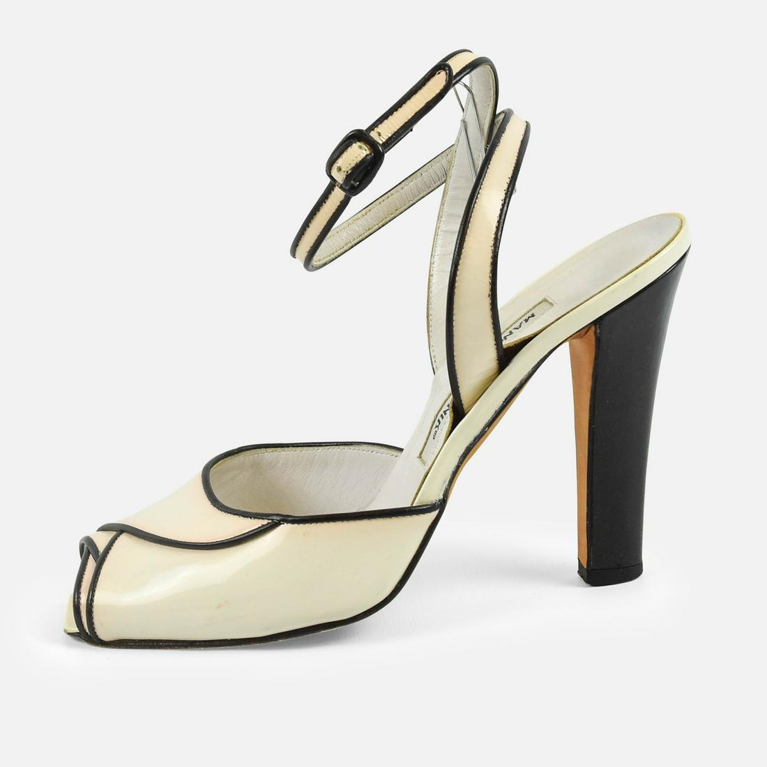 MANOLO BLAHNIK Black and White Leather Heels with Ankle Straps (1 of 10)