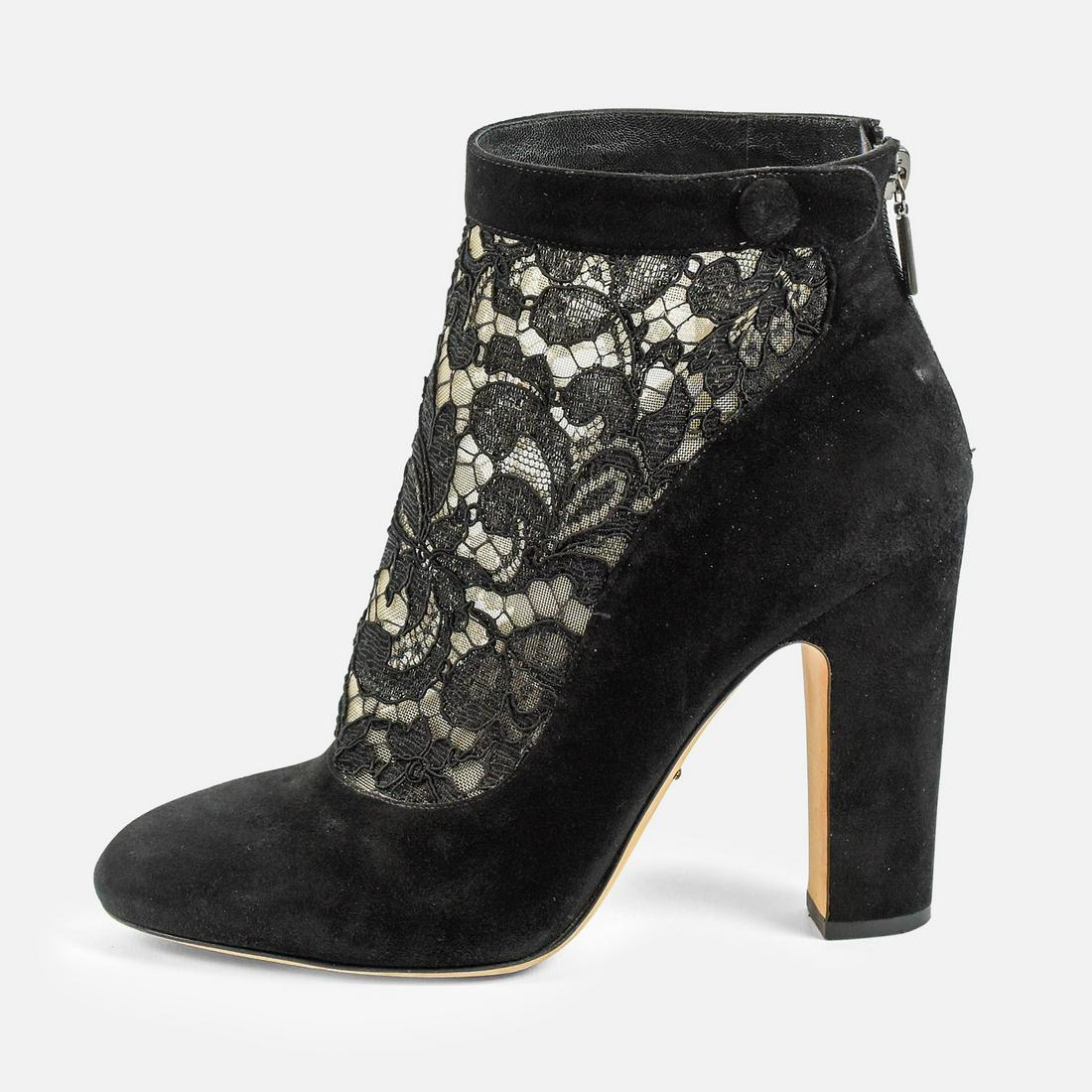 DOLCE & GABBANA Black Suede and Lace Heeled Booties Size 41: Lace Mesh detail down the front.