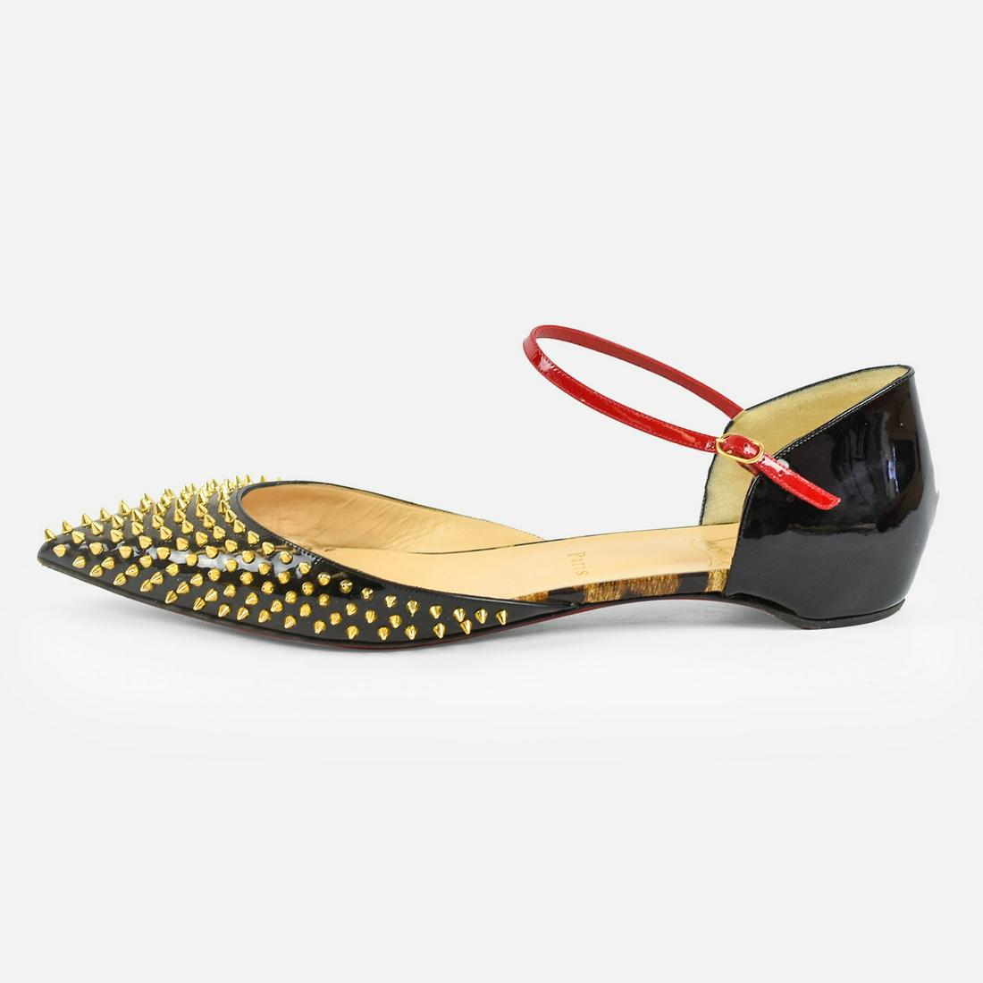 CHRISTIAN LOUBOUTIN Black Red Gold Baila Spike Patent Leather Flats Size 41: Made in Italy. Includes original box and dust bag.