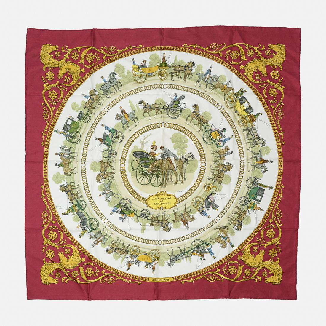 HERMES Red La Promenade De Longchamps Silk Scarf: Made in France. 100% Silk.