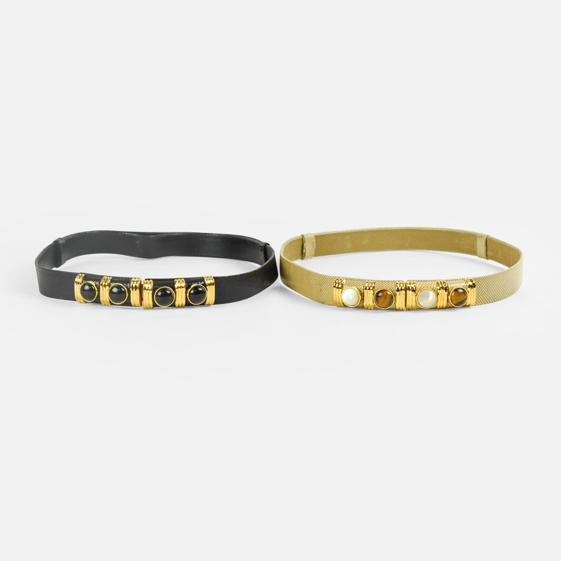 ASHNEIL Pair of Leather Belts: Brass, leather tiger eye, onyx and mother of pearl. Adjustable length through 38 inches.