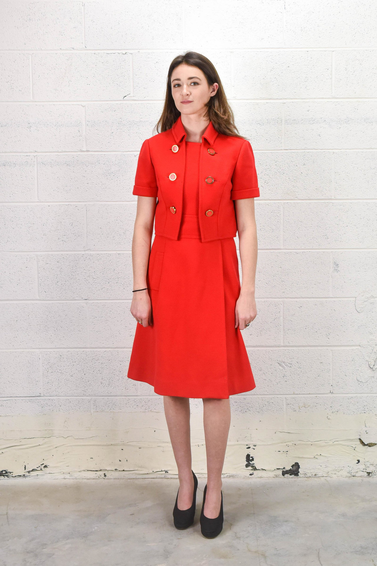 TRICOSA FRANCE 1960's Vintage Two-Piece Knit Tailored Dress and Jacket: Measurements- Shoulder to shoulder: 15" Waist: 16" Length: 40.5".Paris Fashion. Made in Paris, France.