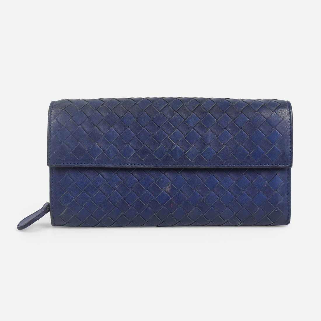 BOTTEGA VENETA Blue Intrecciato Leather Flap Continental Wallet: This wallet features a leather-lined lined interior and gunmetal-toned hardware.