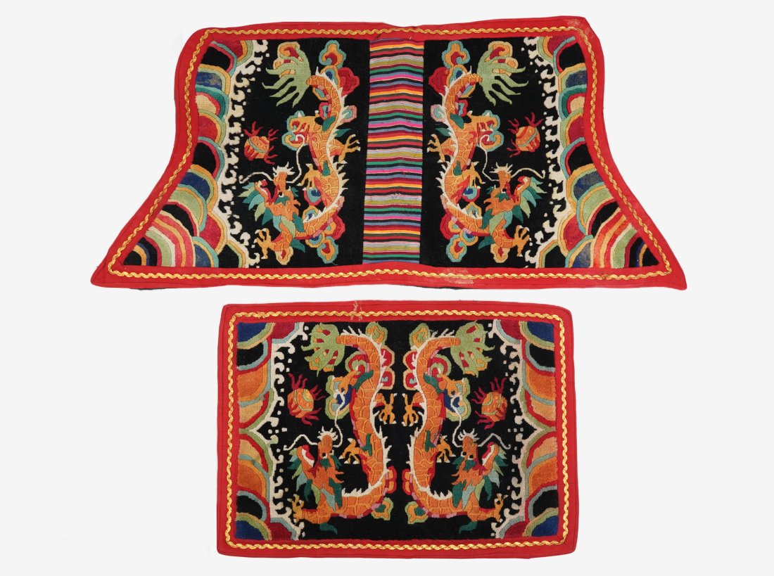 Vintage Wool Tibetan Asian Two-Piece Saddle Blanket Rugs (1 of 13)
