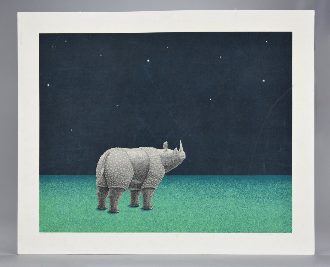 Ascian by Jonathan Meader. Colored Lithograph, 1978: "Ascian" Colored Lithograph by Jonathan Meader, 1978. Print has scuffs and some damage, please enlarge pics.