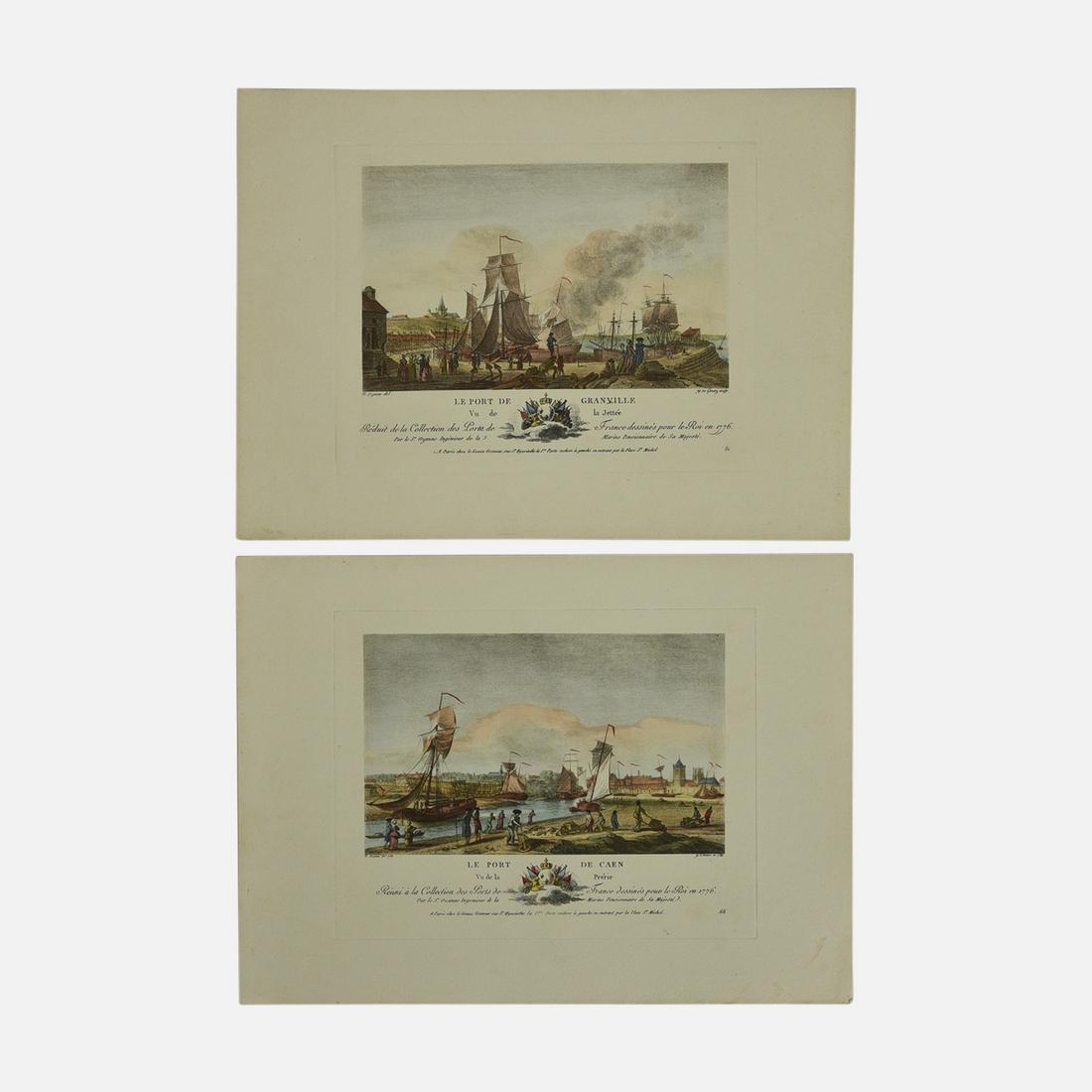 Two French Hand-Tinted Lithographs, c1776: "Le Port De Granville" & "Le Port De Caen" (1 of 9)