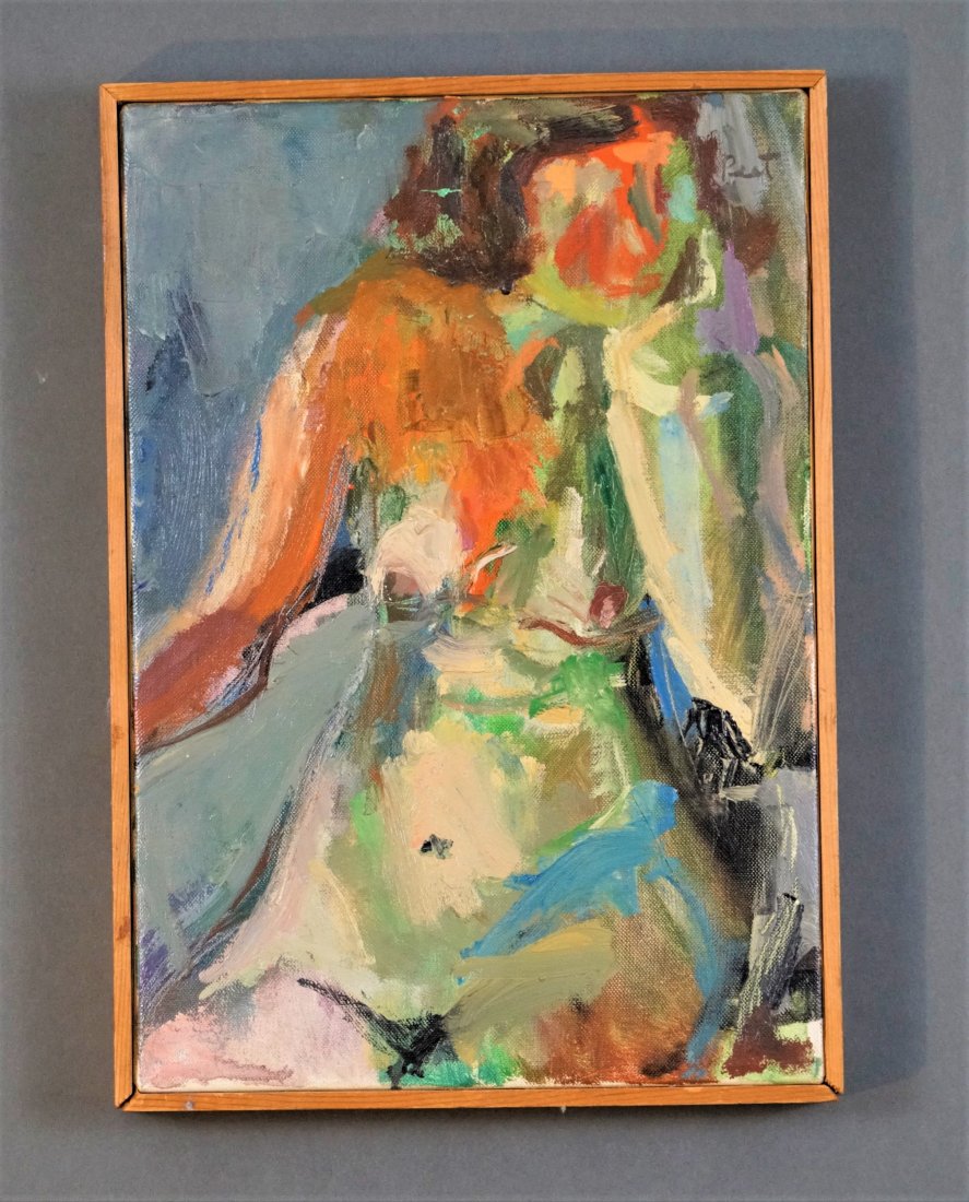 Colorful Impressionist NUDE WOMAN Oil Painting Canvas: Painterly oil on canvas in good original condition, in a plain pine wood edge frame. Might benefit from cleaning. Stretcher size approx. 9 5/8" x 13 7/8". Signed illegibly upper right as shown.