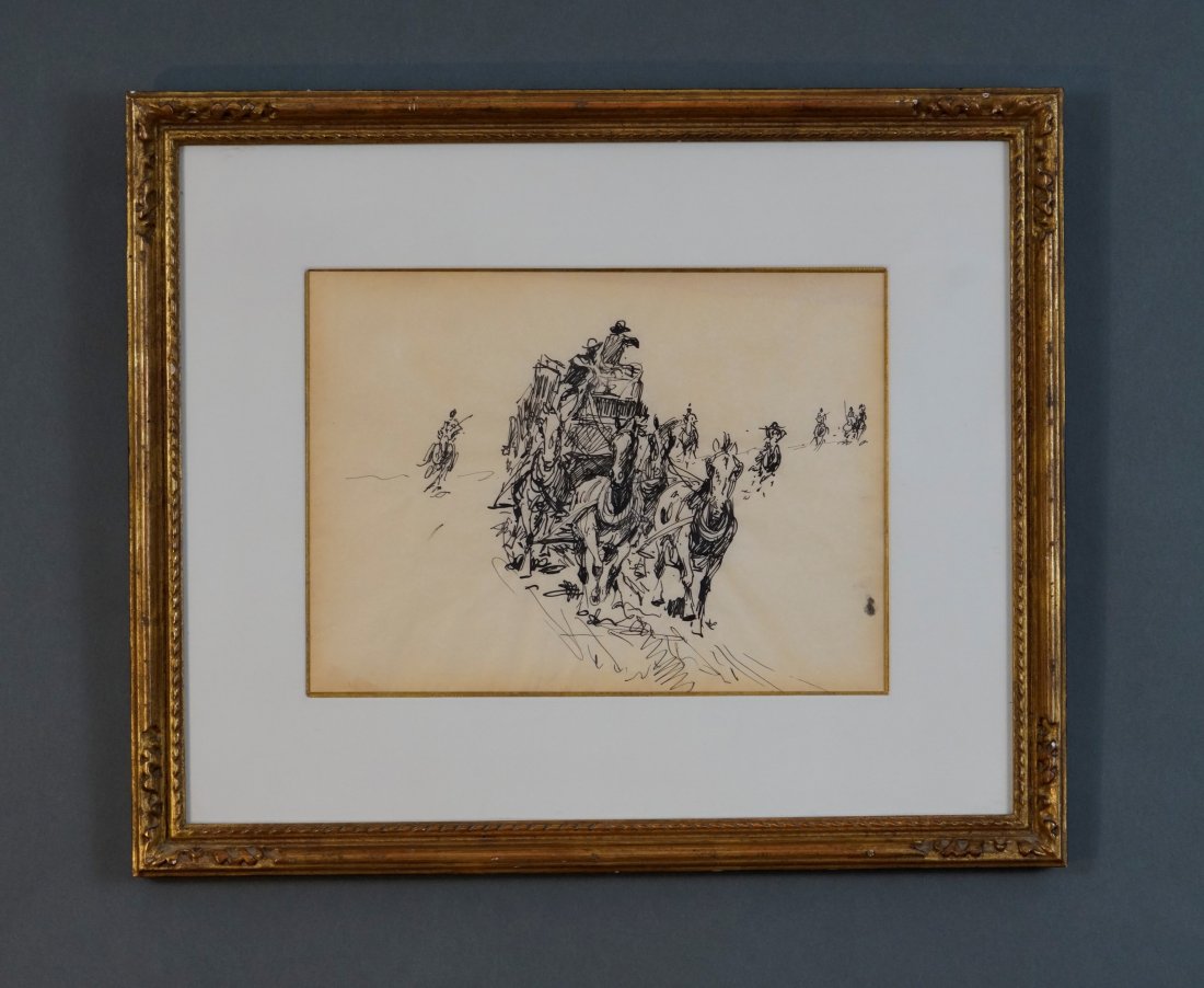 Borein, Edward. Attrib. STAGECOACH Pen and Ink Drawing (1 of 2)