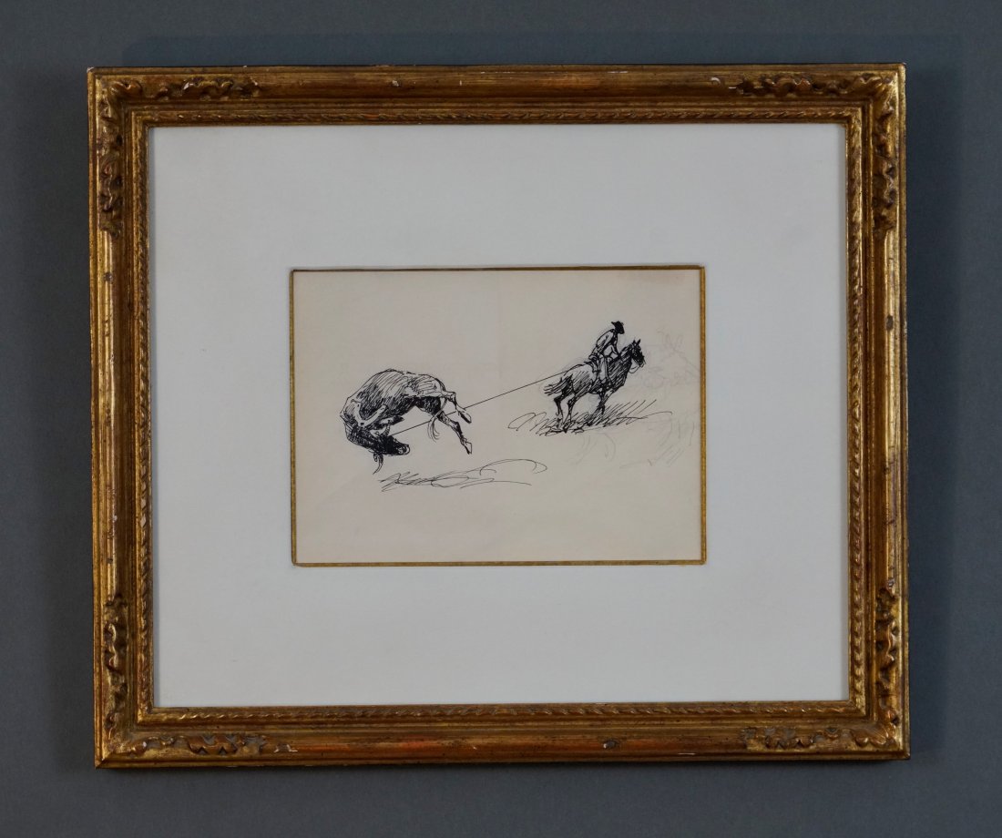 Borein, Edward. Attrib. COWBOY ROPING A STEER Pen and Ink Drawing (1 of 2)