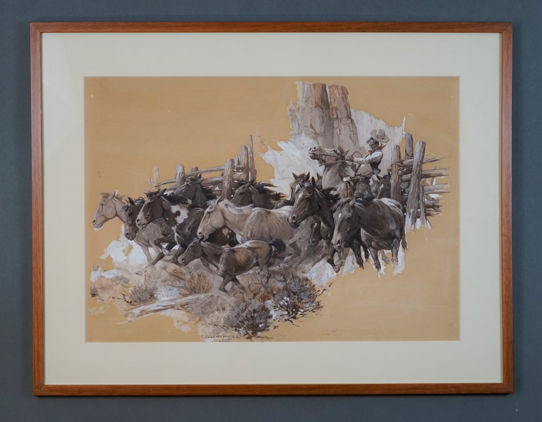 Eggenhoffer, Nick. COWBOY WITH HORSES Watercolor Gouache on Paper: Excellent, framed matted and sealed under glass. Sight size approx. 14 1/2" x 20 1/2". Purchased from Cowen's Auction Sept 16, 2009. Nancy and Robert Nooter estate collection.