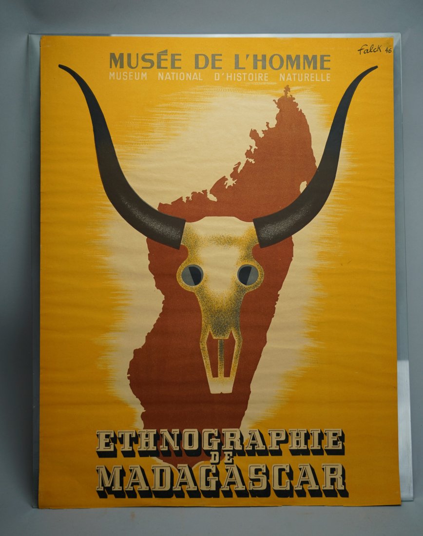 Falck, Jarl. ETHNOGRAPHIE DE MADAGASCAR Original Unmounted 1946 Exhibition Poster: Very scarce Original 1946 poster printed in France by Bedos, no linen backing-can ship rolled in a stiff tube, however, should go directly to a firm that can provide linen backing service. From the Na