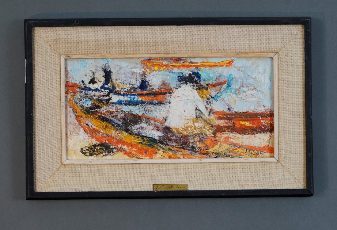 Esparza, Jose Salazar Ruiz. FISHING BOATS Impressionist Oil Painting: Very good, with heavy impasto knife technique on canvas showing no loss or crazing. Stretcher size approx. 7 7/8" x 15 7/8". Signed and dated '65 lower right. Brass tag on the frame reads: "Jose Salaz